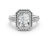 Silver Radiant Cut Halo Diamond Ring with Beaded Split Shank and Four-Prong Setting_13