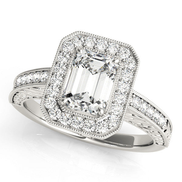 Silver Radiant Cut Halo Diamond Ring with Pavé Band and Four-Prong Setting