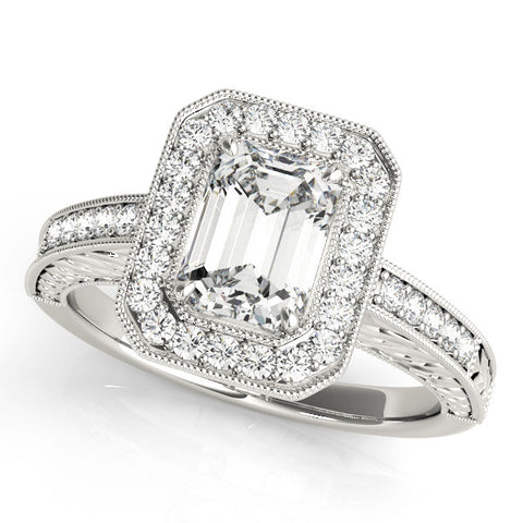 Silver Radiant Cut Halo Diamond Ring with Pavé Band and Four-Prong Setting