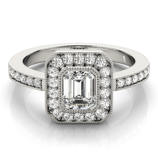 Silver Radiant-Cut Halo Diamond Ring with Pavé Band and Milgrain Prong Setting 1