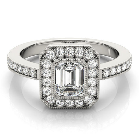 Silver Radiant-Cut Halo Diamond Ring with Pavé Band and Milgrain Prong Setting 1