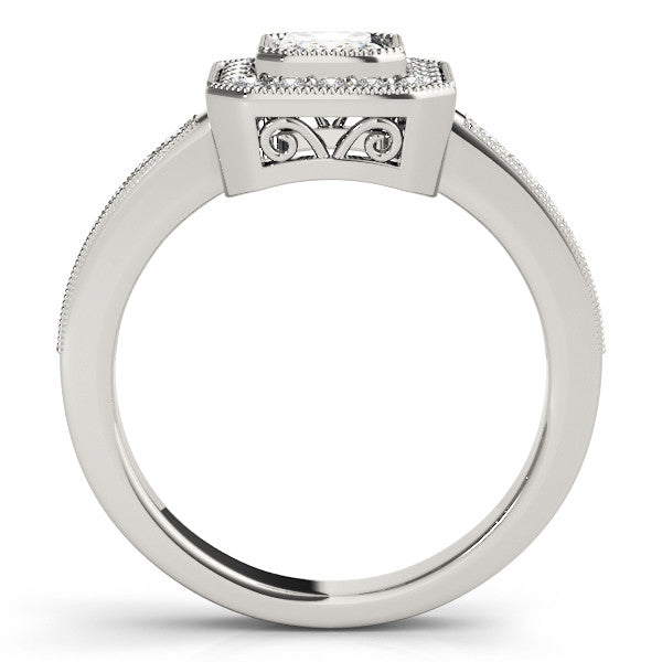 Silver Radiant-Cut Halo Diamond Ring with Pavé Band and Milgrain Prong Setting 2