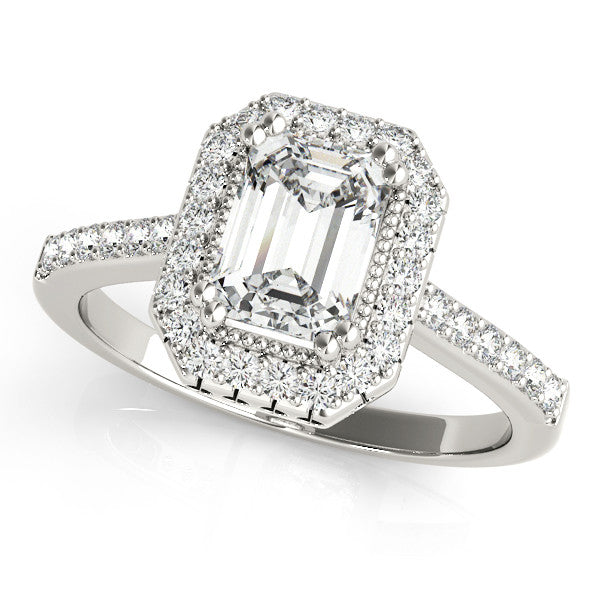 Silver Radiant Cut Halo Diamond Ring with Pave Band and Four-Prong Setting 1