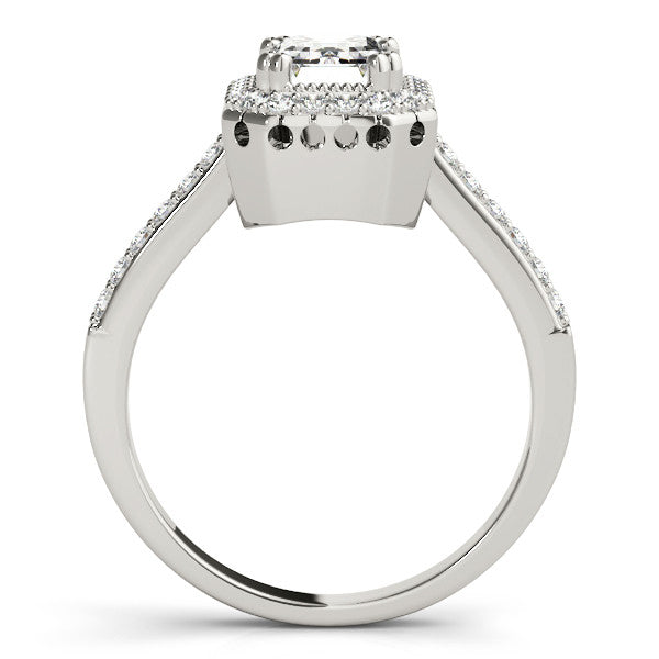 Silver Radiant Cut Halo Diamond Ring with Pave Band and Four-Prong Setting