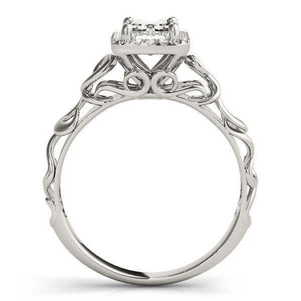 Silver Radiant Cut Halo Diamond Ring with Scrollwork Band and Four-Prong Setting 1