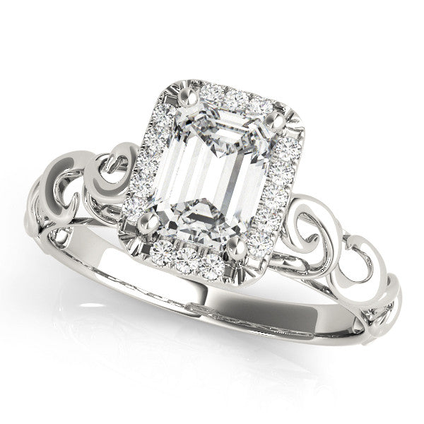Silver Radiant Cut Halo Diamond Ring with Scrollwork Band and Four-Prong Setting 2