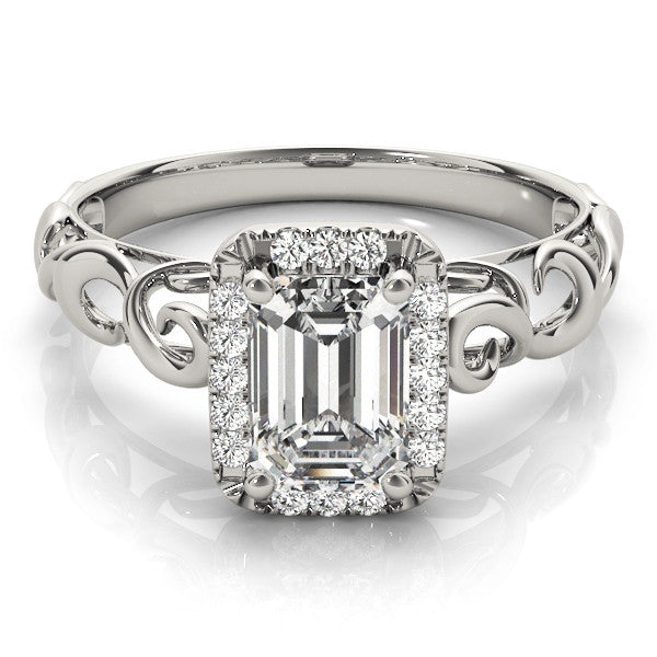 Silver Radiant Cut Halo Diamond Ring with Scrollwork Band and Four-Prong Setting