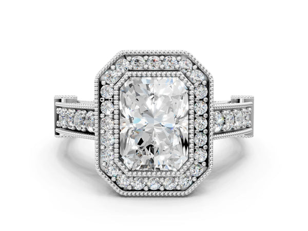 Sterling Silver Radiant Cut Vintage Bezel Halo Engagement Ring Setting