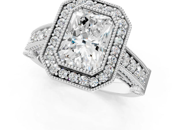 Sterling Silver Radiant Cut Vintage Bezel Halo Engagement Ring Setting