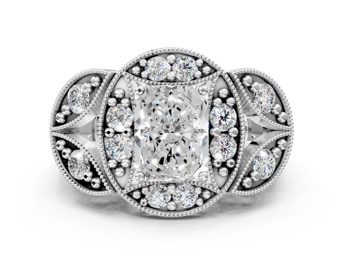 Silver Radiant Cut Halo Milgrain Diamond Engagement Ring with Leaf Band and Four-Prong Setting_7