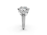 Silver Radiant Cut Halo Milgrain Diamond Engagement Ring with Leaf Band and Four-Prong Setting_9