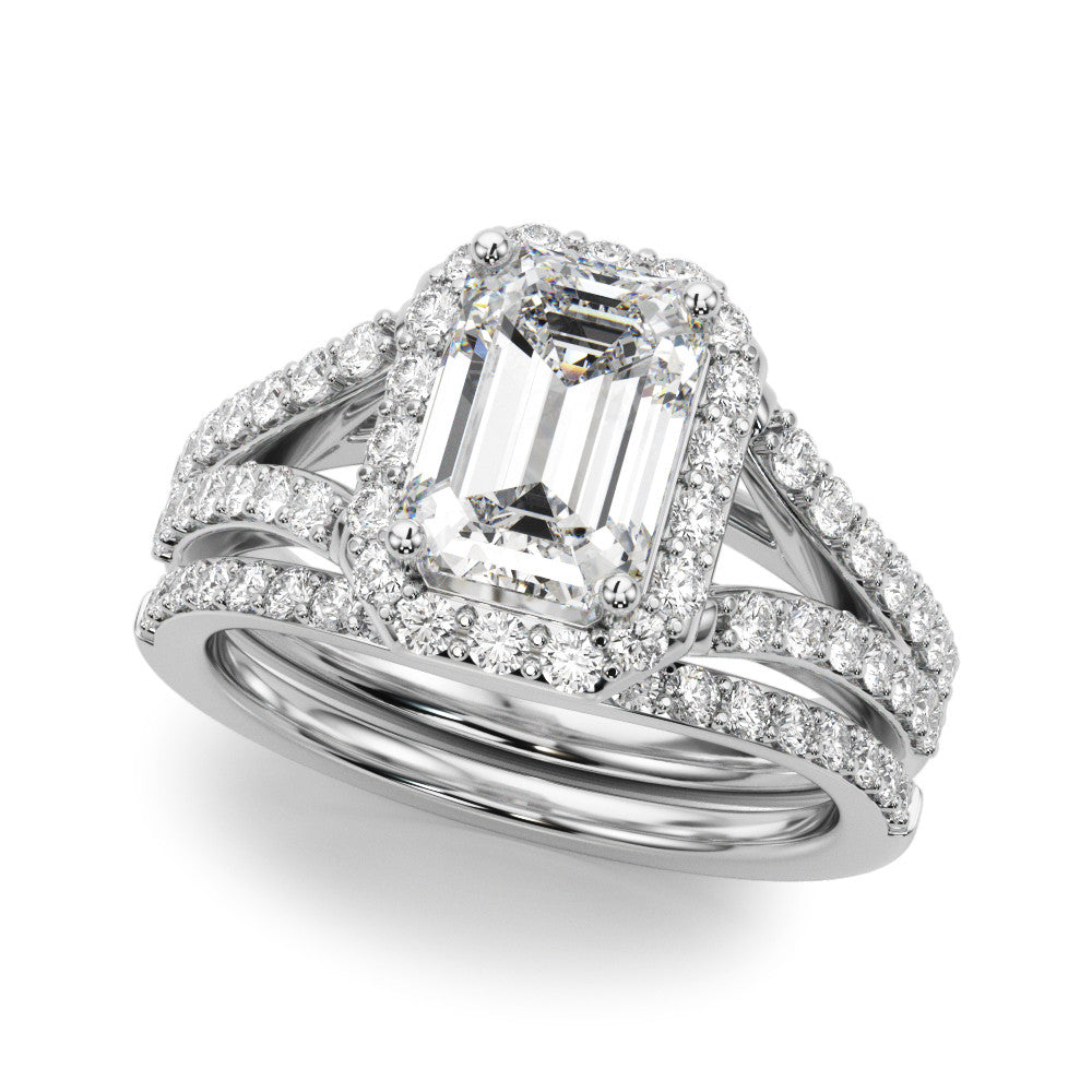 Silver Radiant-Cut Halo Split Shank Diamond Ring with Four-Prong Setting