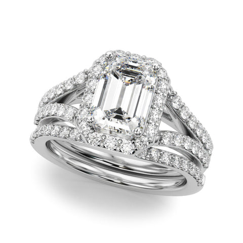 Silver Radiant-Cut Halo Split Shank Diamond Ring with Four-Prong Setting