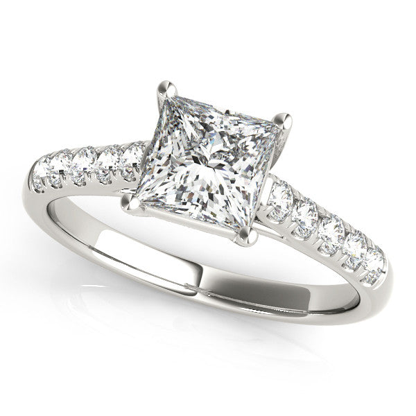 Silver 3.09 Carat F VS1 Princess Cut Pavé Band Solitaire Ring with Four-Prong Setting