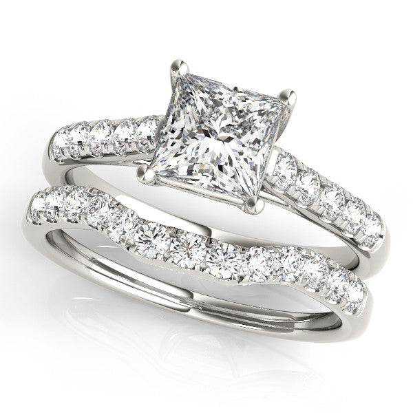 Silver Radiant Cut Pavé Band Solitaire Ring with Four-Prong Setting