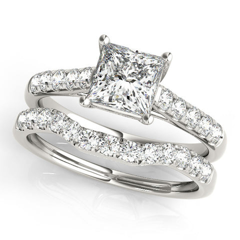 Silver Radiant Cut Pavé Band Solitaire Ring with Four-Prong Setting