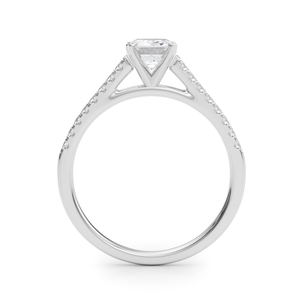 Silver Radiant Cut Solitaire Diamond Ring with Pave Band and Four-Prong Setting 1