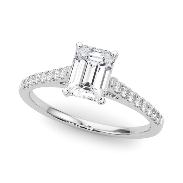 White gold Emerald Cut Solitaire Diamond Ring with Pave Band and Four-Prong Setting