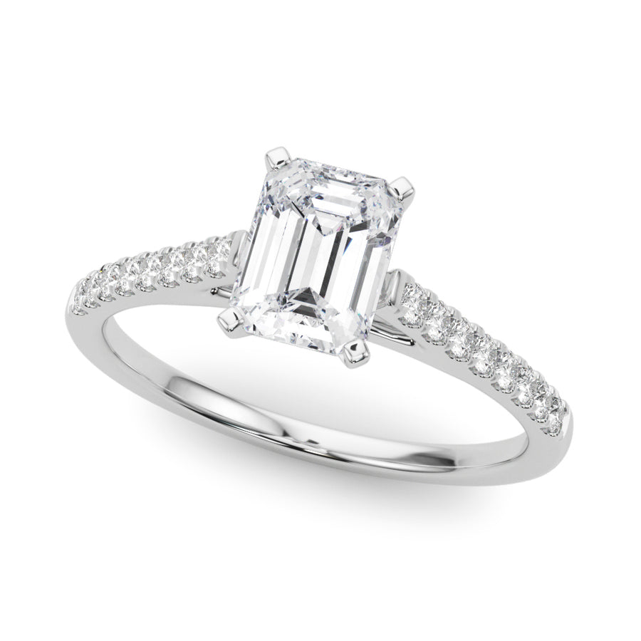 White gold Emerald Cut Solitaire Diamond Ring with Pave Band and Four-Prong Setting