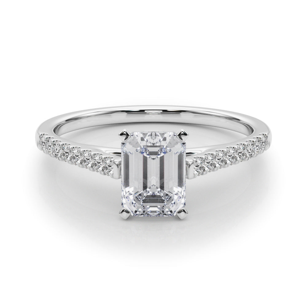 Silver Radiant Cut Solitaire Diamond Ring with Pave Band and Four-Prong Setting