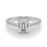 Silver Radiant Cut Solitaire Diamond Ring with Pave Band and Four-Prong Setting