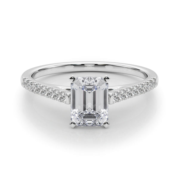 White gold Emerald Cut Solitaire Diamond Ring with Pave Band and Four-Prong Setting