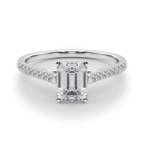 Silver Radiant Cut Solitaire Diamond Ring with Pave Band and Four-Prong Setting