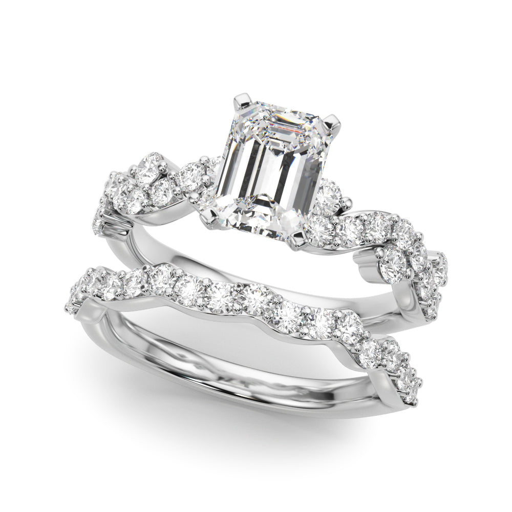 Silver Radiant Cut Solitaire Diamond Twisted Band with Pave Setting