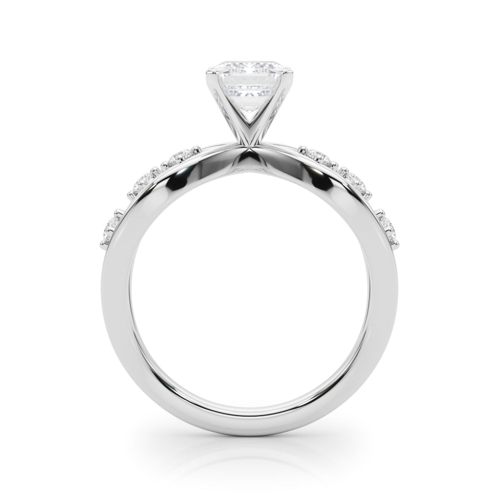 Silver Radiant Cut Solitaire Diamond with Side Stones on Criss-Cross Band and Four-Prong Setting 1