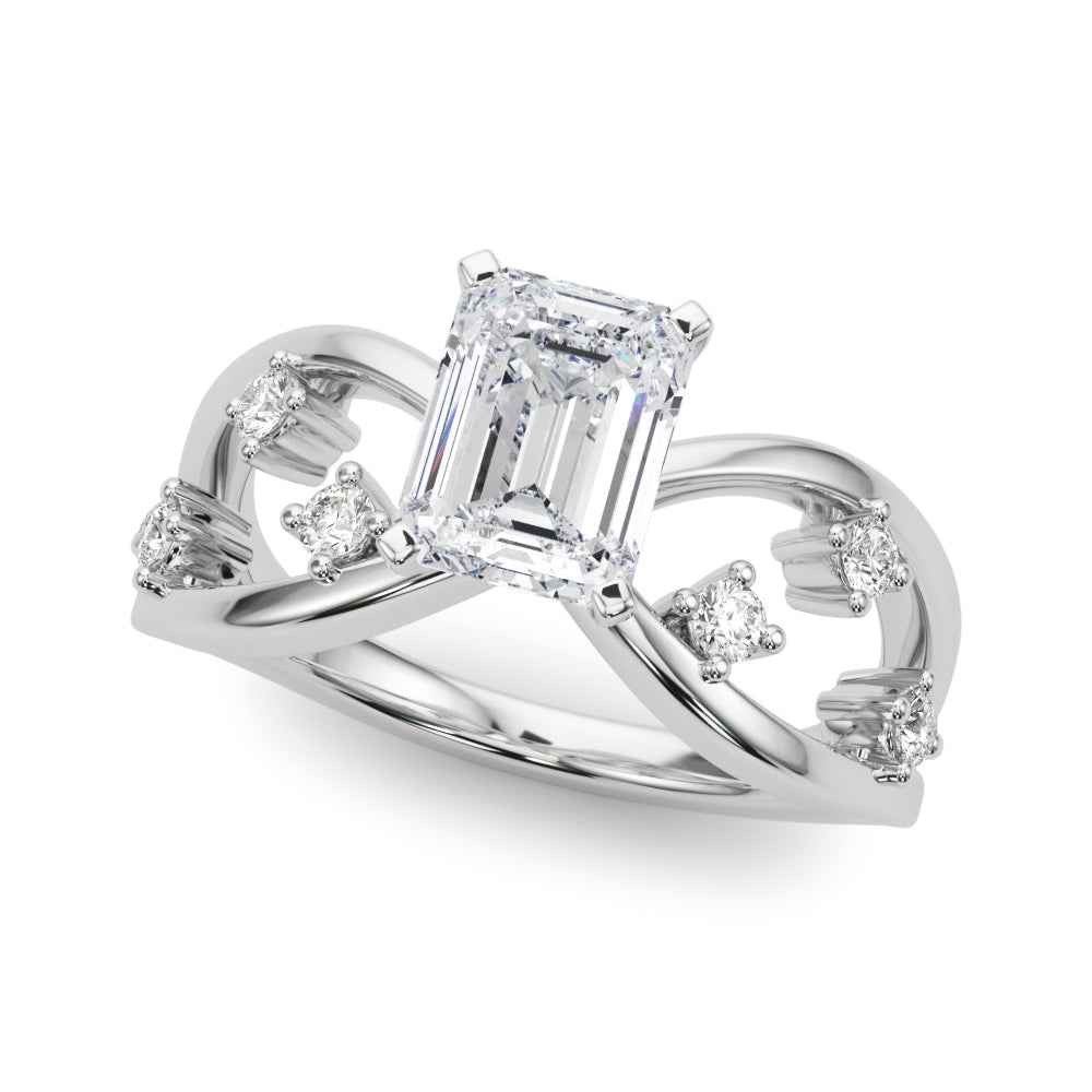 Silver Radiant Cut Solitaire Diamond with Side Stones on Criss-Cross Band and Four-Prong Setting 2