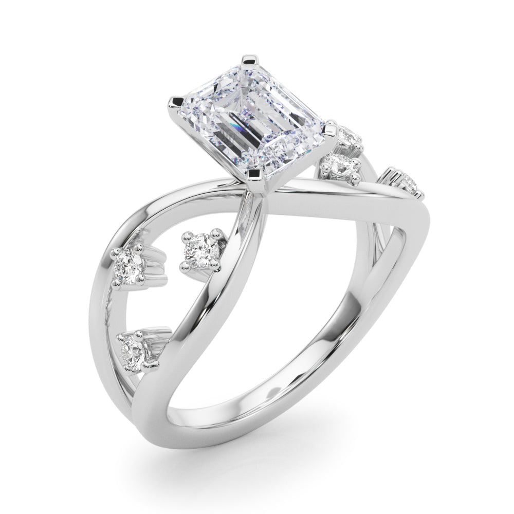 Silver Radiant Cut Solitaire Diamond with Side Stones on Criss-Cross Band and Four-Prong Setting