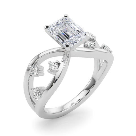 Silver Radiant Cut Solitaire Diamond with Side Stones on Criss-Cross Band and Four-Prong Setting