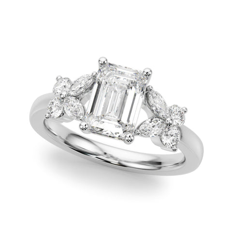 Silver Radiant Cut Solitaire Floral Diamond Ring with Four-Prong Setting 1