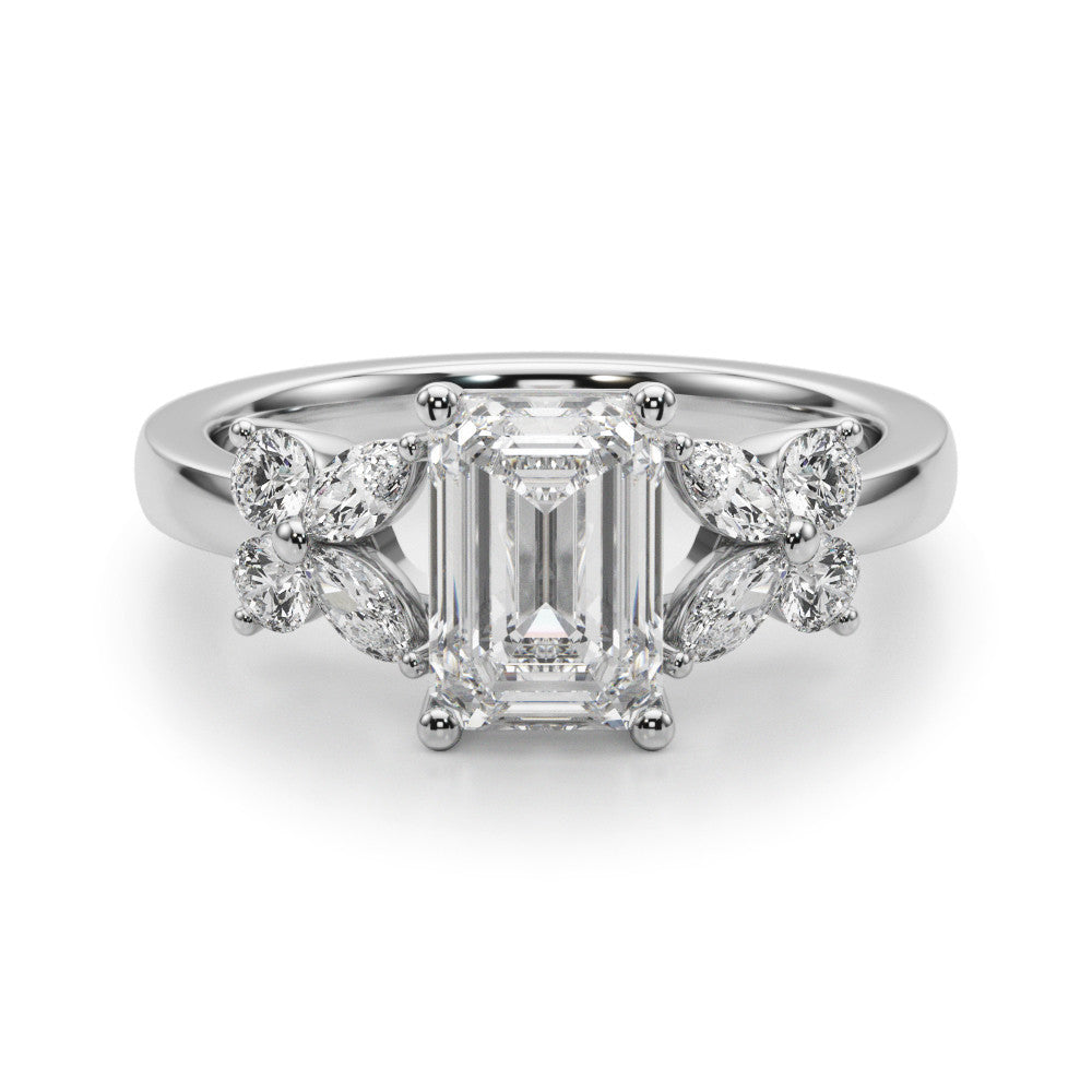 Silver Radiant Cut Solitaire Floral Diamond Ring with Four-Prong Setting 2