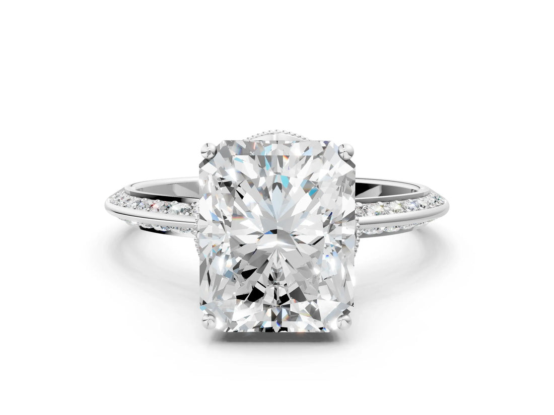 Silver Radiant Cut Solitaire Split Shank Pave Diamond Engagement Ring with Four-Prong Setting_85