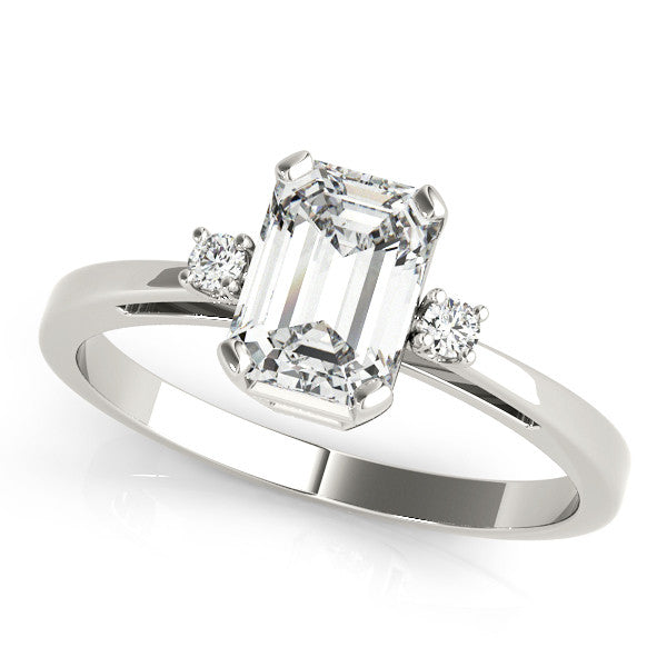 Silver Radiant Cut Three-Stone Solitaire Ring with Round Accent Diamonds and Four-Prong Setting 1