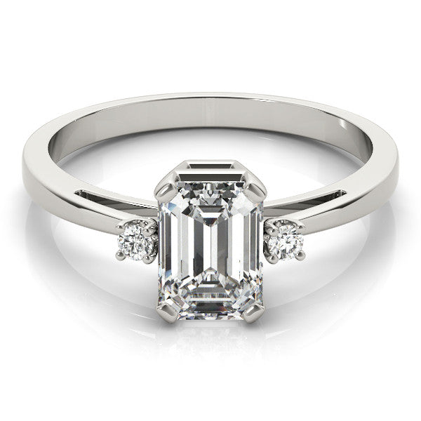 Silver Radiant Cut Three-Stone Solitaire Ring with Round Accent Diamonds and Four-Prong Setting 2