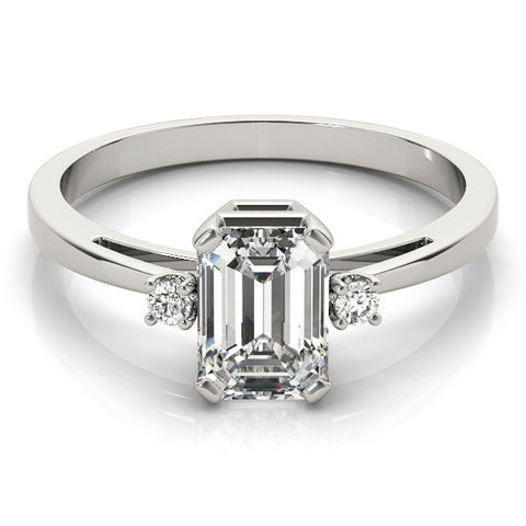 Silver Radiant Cut Three-Stone Solitaire Ring with Round Accent Diamonds and Four-Prong Setting 2