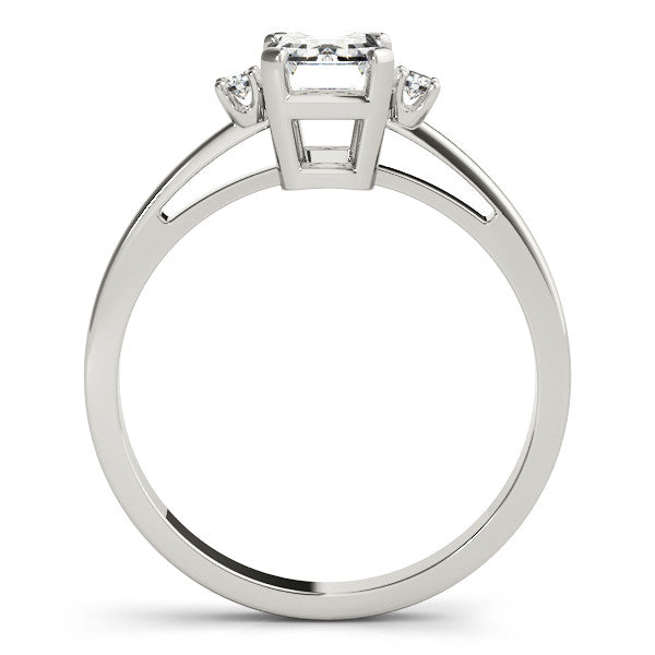 Silver Radiant Cut Three-Stone Solitaire Ring with Round Accent Diamonds and Four-Prong Setting