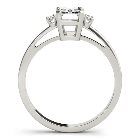 Silver Radiant Cut Three-Stone Solitaire Ring with Round Accent Diamonds and Four-Prong Setting