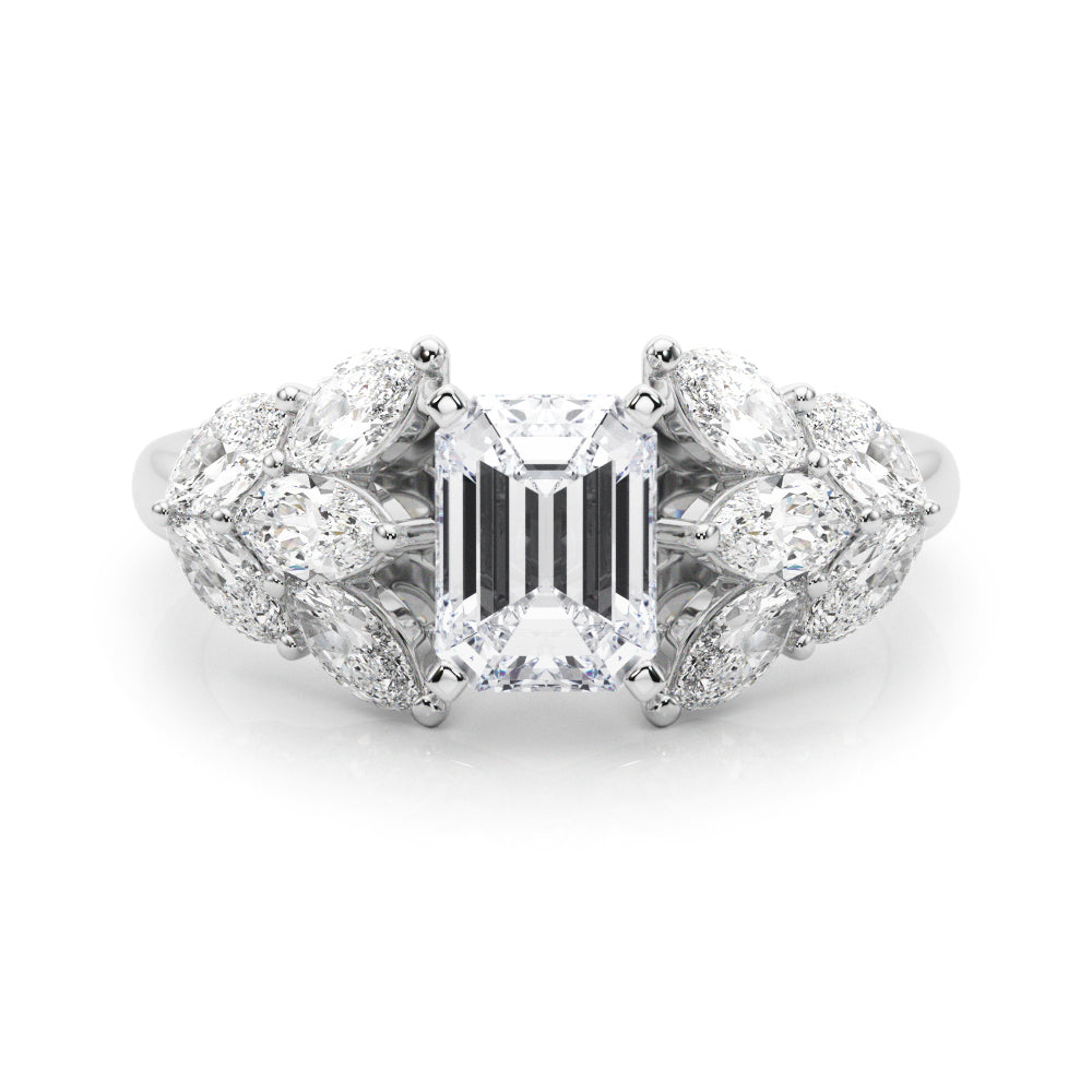 Silver Radiant Diamond Cluster Leaf Design Ring with Prong Setting