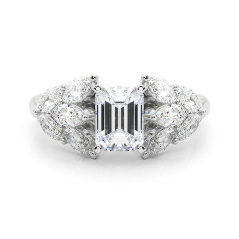 Silver Radiant Diamond Cluster Leaf Design Ring with Prong Setting