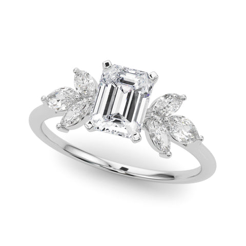 Silver Radiant Diamond Floral Cluster Ring with Marquise Side Stones and Six-Prong Solitaire Setting 2