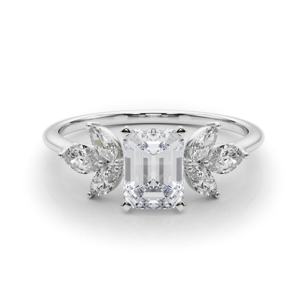 Silver Radiant Diamond Floral Cluster Ring with Marquise Side Stones and Six-Prong Solitaire Setting
