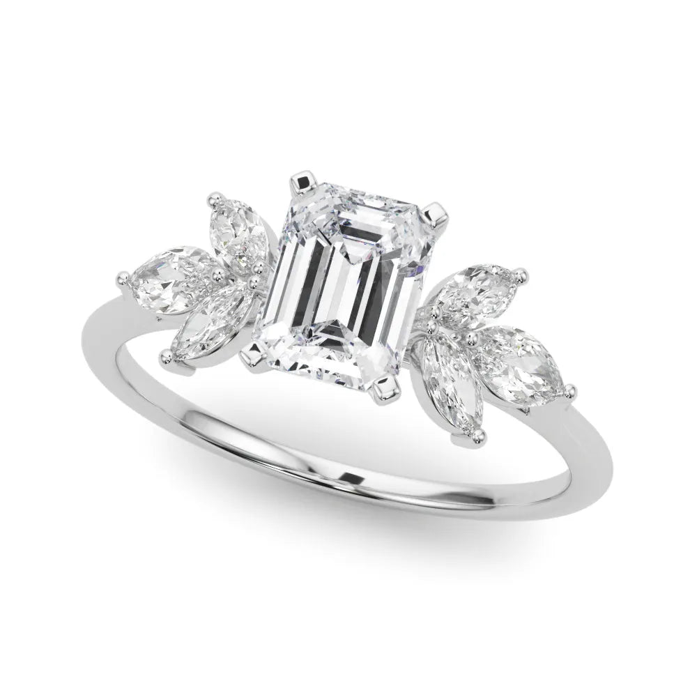 Silver Radiant Diamond Floral Cluster Ring with Marquise Side Stones and Six-Prong Solitaire Setting