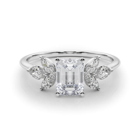 Silver Radiant Diamond Floral Cluster Ring with Marquise Side Stones and Six-Prong Solitaire Setting