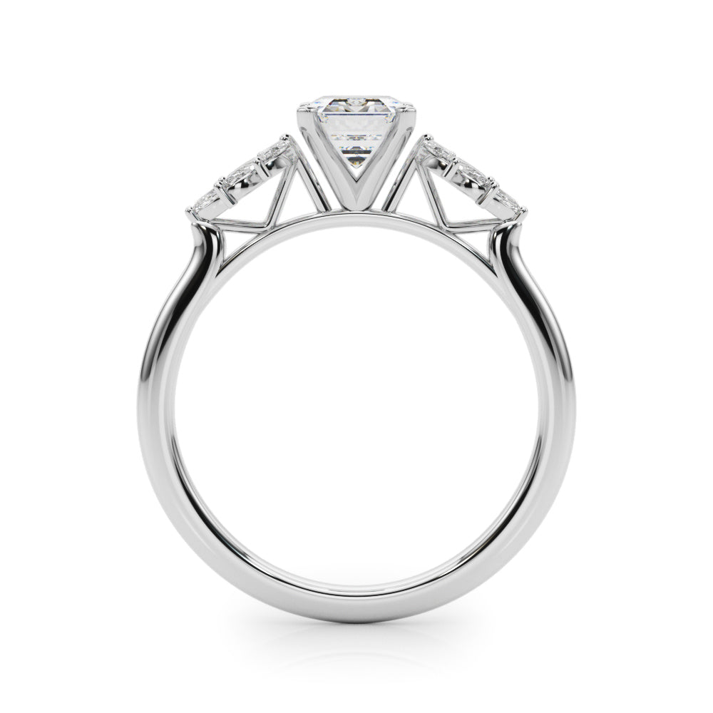 Silver Radiant Diamond Floral Side Stone Solitaire with Marquise Accents and Four-Prong Setting 1