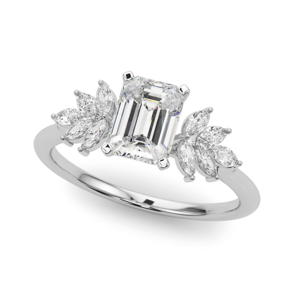 Silver Radiant Diamond Floral Side Stone Solitaire with Marquise Accents and Four-Prong Setting 2