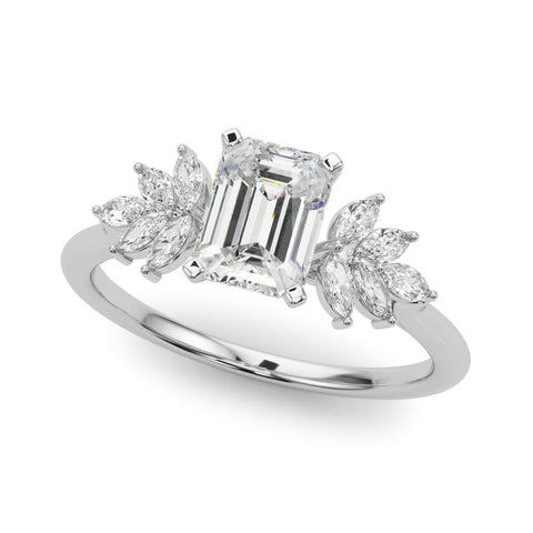 Silver Radiant Diamond Floral Side Stone Solitaire with Marquise Accents and Four-Prong Setting 2