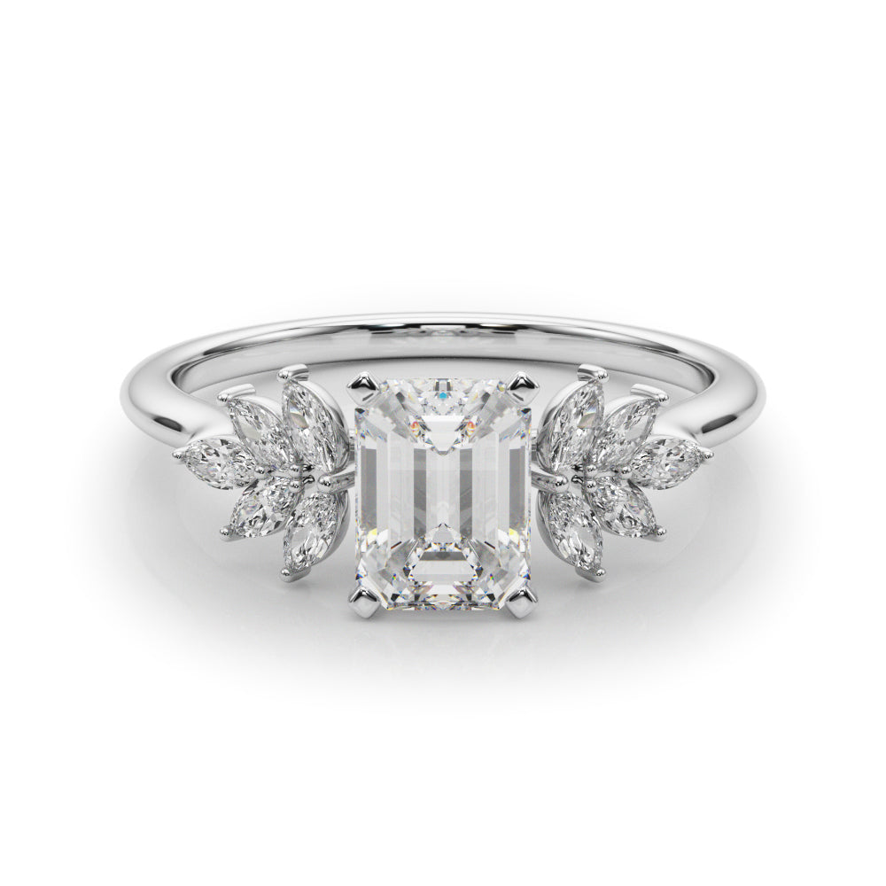Silver Radiant Diamond Floral Side Stone Solitaire with Marquise Accents and Four-Prong Setting